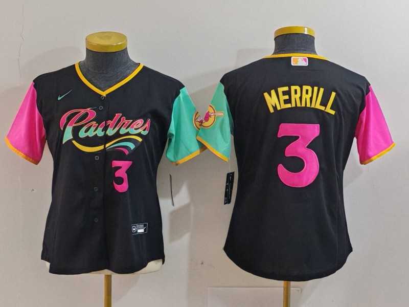 Womens San Diego Padres #3 Jackson Merrill Black Player Number Fashion Baseball Jersey